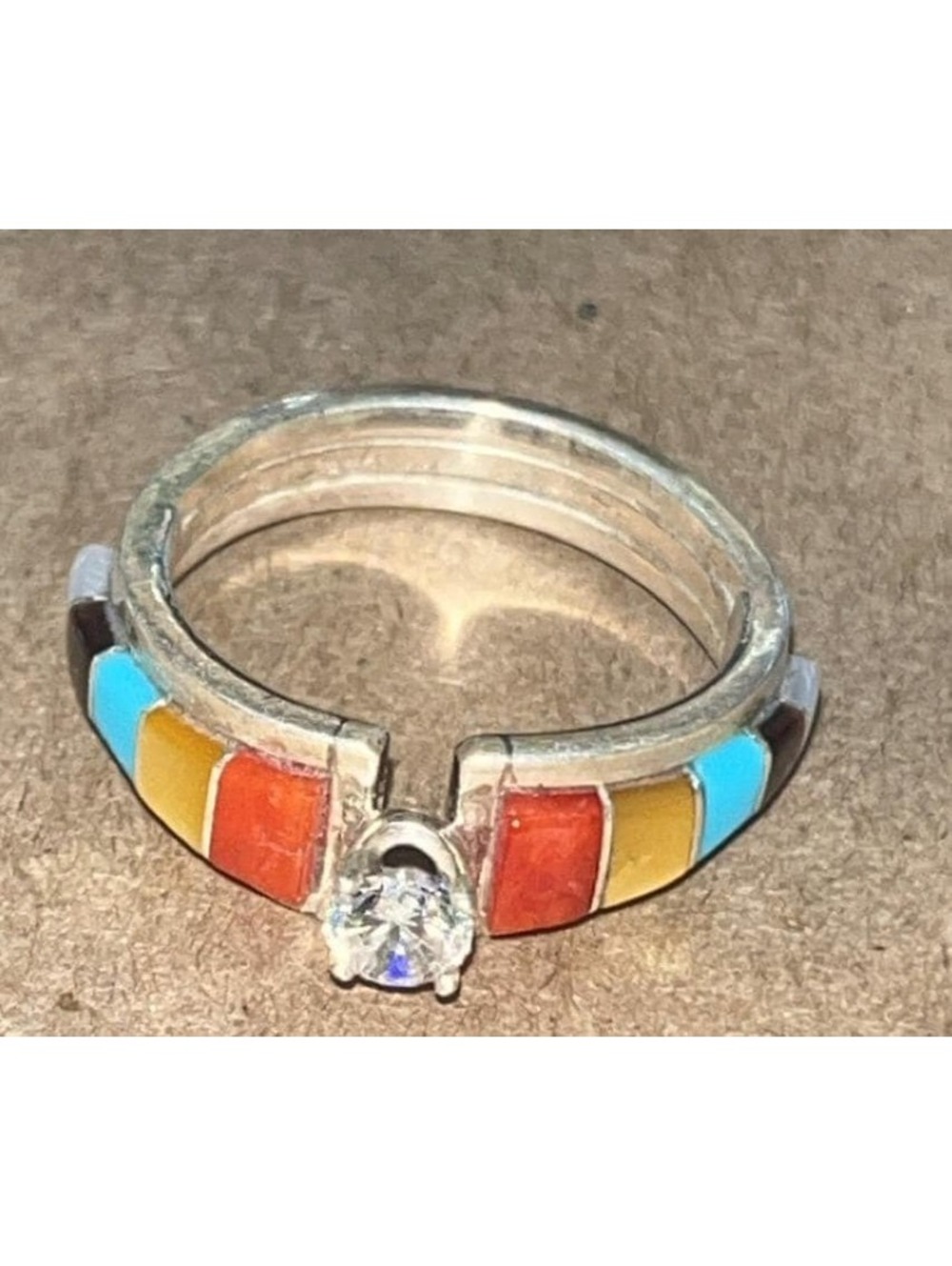 Native American Zuni handmade multi stone sterling silver inlay ring size 6